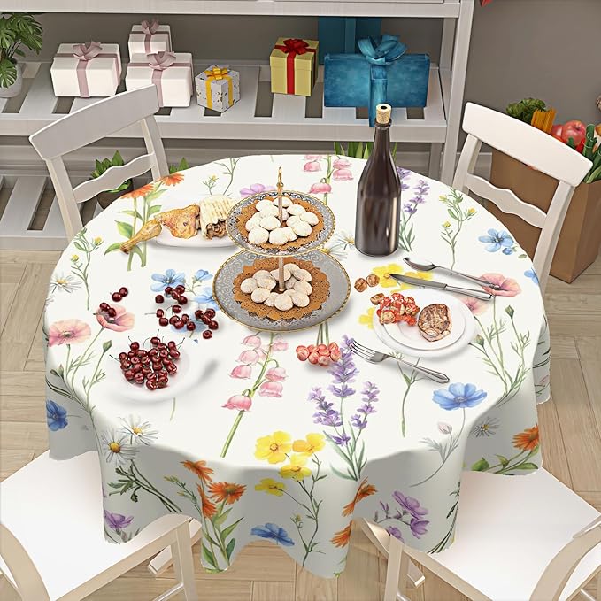 Spring Summer Round Tablecloth Colorful Floral Circle Table Cloth 70 Inch Farmhouse Table Cover Washable Polyester Indoor Decorations for Home Kitchen Dinning Party