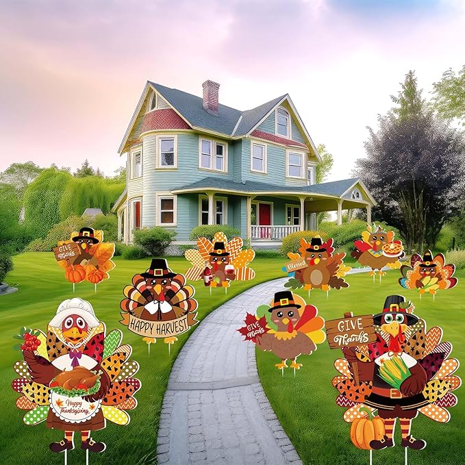 Amyhill 12 Pcs Thanksgiving Turkey Yard Decoration Outdoor Turkey Garden Lawn Signs with Stakes Waterproof Outdoor Decoration for Patio Lawn Walkway Party Decorations