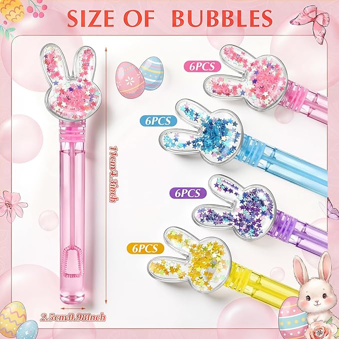 24 Pcs Easter Party Favors Bunny Bubble Wands Multicolor Bubbles Wands for Summer Outdoor Goodie Bags Stuffers Easter Carnival Prizes Birthday Treats