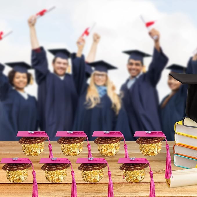 Gyufise 36Pcs 2026 Graduation Cap Cupcake Toppers with Tassel Adhesive Dots Chocolate Decorations Class of 2026 Congrats Grad Cap Cupcake Decorations for 2026 Graduation Theme Party Supplies Pink