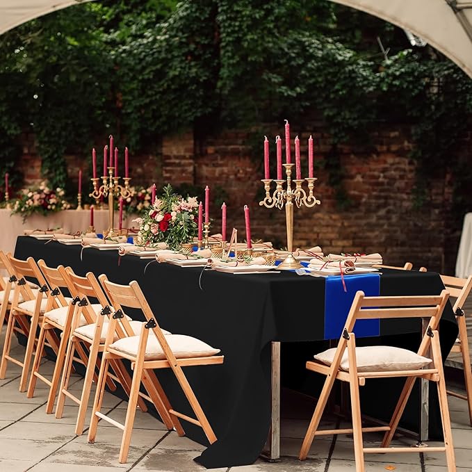 12Pack 12x108 Inch Satin Table Runner and 54x108Inch Plastic Tablecloths Set Black and Blue Disposable Rectangle Table Cover for Graduation Wedding Bridal Shower Anniversary Birthday Party Decorations