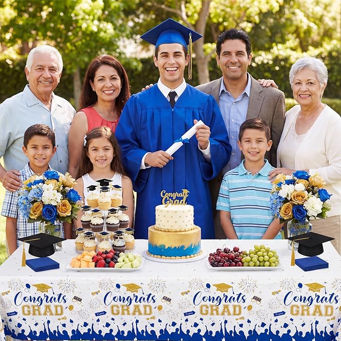 3 Pack Plastic Graduation Tablecloth, Graduation Decorations 2026 Disposable Rectangle Blue White Table Cover, 2026 Gongrats Grad Table Cloths for Graduation Party Decorations, 54x108Inch
