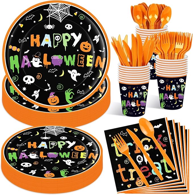 175 Pcs Halloween Tableware Party Supplies Set - Serves 25, Spooky Happy Halloween Disposable Dinnerware, Includes Plates, Cups, Napkins, Forks, Spoons, Knives for Trick or Treat Favors