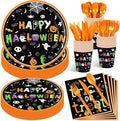 175 Pcs Halloween Tableware Party Supplies Set - Serves 25, Spooky Happy Halloween Disposable Dinnerware, Includes Plates, Cups, Napkins, Forks, Spoons, Knives for Trick or Treat Favors