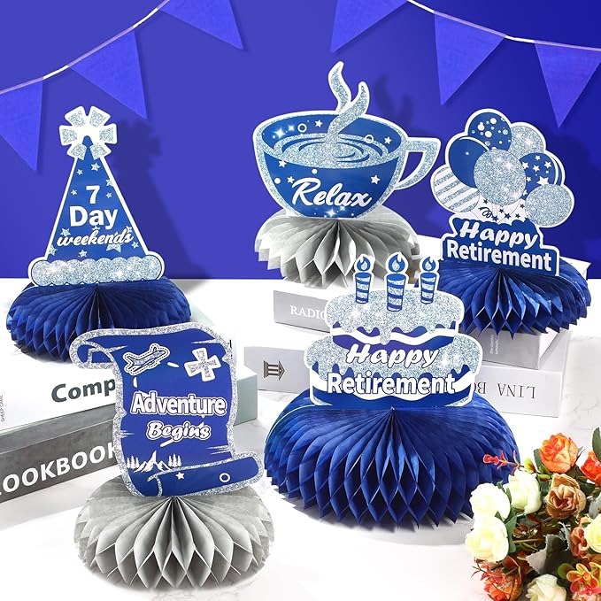 RUMIA 8pcs Navy Blue Silver Retirement Letter Print Honeycomb Centerpieces for Retirement Parties