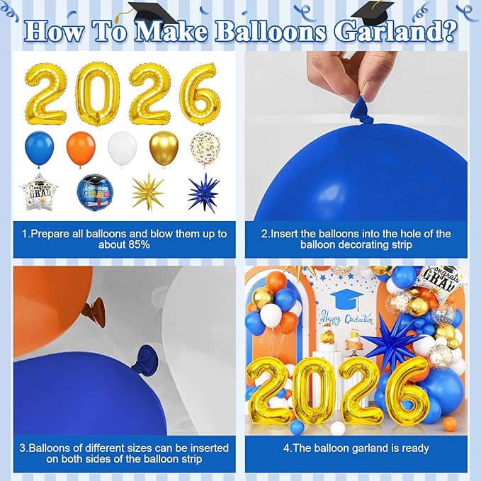 Orange Blue Gold Balloon Arch Kit, Graduation Balloons Garland, 2026 Graduation Decorations Blue and Orange Gold Balloons with Foil Star Confetti Balloon for Class of 2026 Party Decor