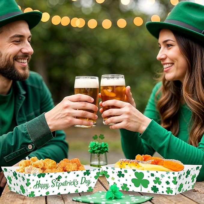 50 Pcs St. Patricks Day Decorations, Paper St. Patricks Day Food Trays, Disposable Shamrock Platters Green Snack Serving Trays, St Patrick's Party Supplies Irish Decor for Irish Bar Family Gatherings