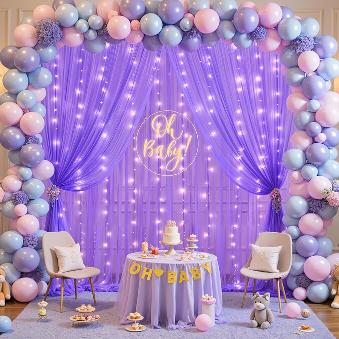 Purple Sheer Backdrop Curtains with Lights String for Baby Shower Girls 2 Panels 5×8ft Tulle Backdrop Curtain for Wedding Bridal Shower Elephant Birthday Party Photo Shoot Background Decorations