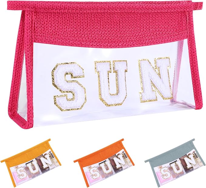 Sunscreen Bag Clear Makeup Bag Chenille Letter Sun Cosmetic Pouch Summer Beach Essential Cute Toiletry Pouch Travel Accessories Gifts for Women