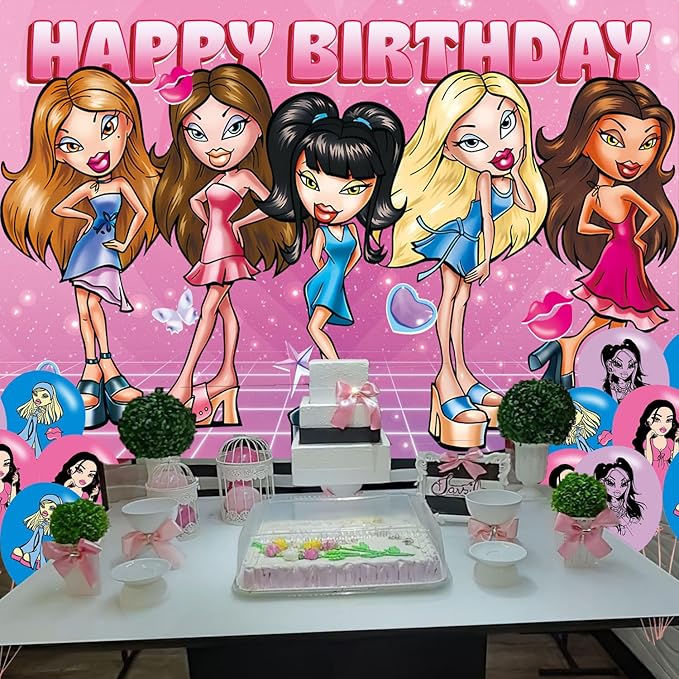 Girl Birthday Party Supplies Backdrop 5x3Cartoon Delicacy Girl Happy Birthday Background Photography Hot Pink Party Decorations Banner Photo Booth Props