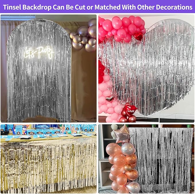 Silver Tinsel Backdrop Party Decorations 3.3x8.2ft, 2 Pack Foil Fringe Curtains Door Decorations Hanging, Silver Streamers Photobooth for Birthday Easter Christmas Bachelorette Disco Bridal Shower