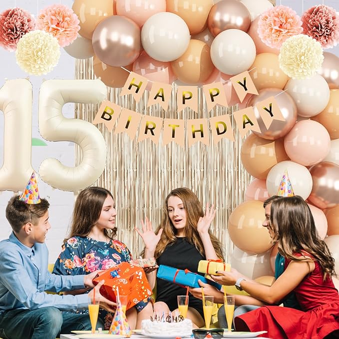 Beige 15th Birthday Decorations Girls Boys Cream Number 15 Balloon Nude Gold Happy Birthday Banner Fringe Curtain Paper Pom Poms Blush White Sand Champagne Star Foil Balloons Neutral Boho Party Decor