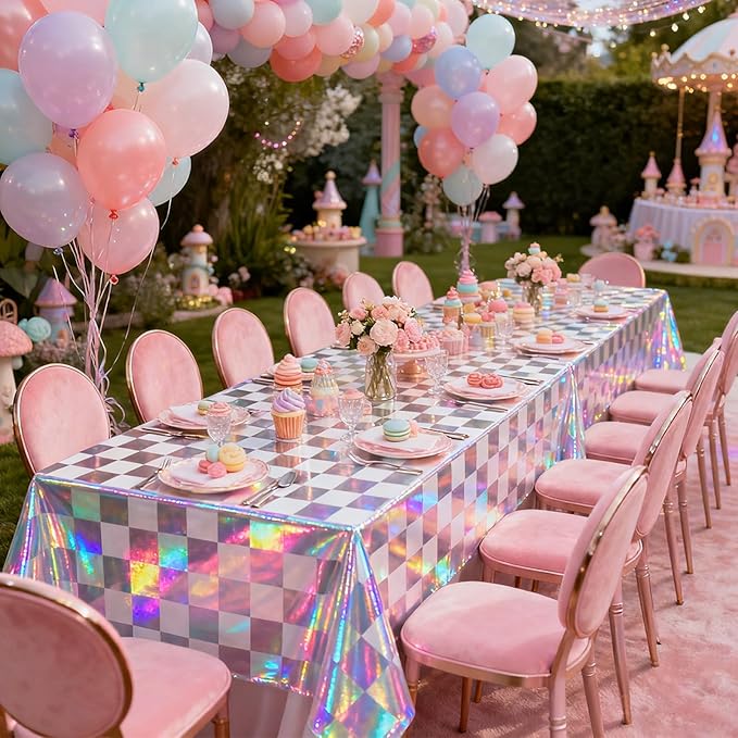 3-Pack Vibrant Pink Checkered Tablecloths, Holographic Glittering Disposable Plastic Tablecloths, 54 Inches x 108 Inches, Suitable for Picnics, Birthday Parties, Racing Theme Decorations