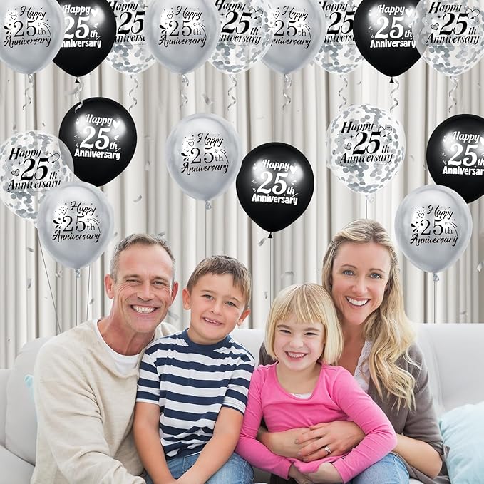 25th Anniversary Balloons 18Pcs Black Silver Party Decorations for Women Men - 12Inch Happy Confetti Latex Balloons for Indoor Outdoor Party Supplies