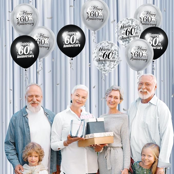 60th Anniversary Balloons 18Pcs Black Silver 60th Anniversary Party Decorations for Women Men Black Silver 12Inch Happy 60 Latex Confetti Balloons for Indoor Outdoor Party Supplies