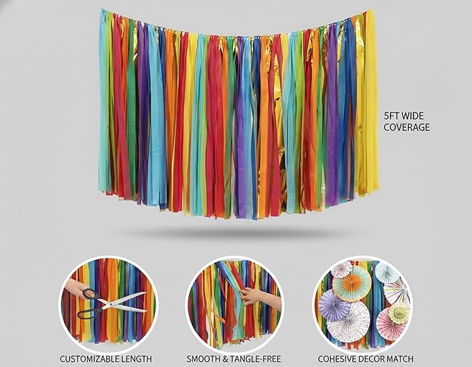 PapaKit 5ft Extra Large Colorful Streamer Fringe Party Backdrop 5ft | Ready to Hang | Vibrant Festive Rain Curtains for Birthday, Fiesta Party Decorations, High-Density Photo Booth Background