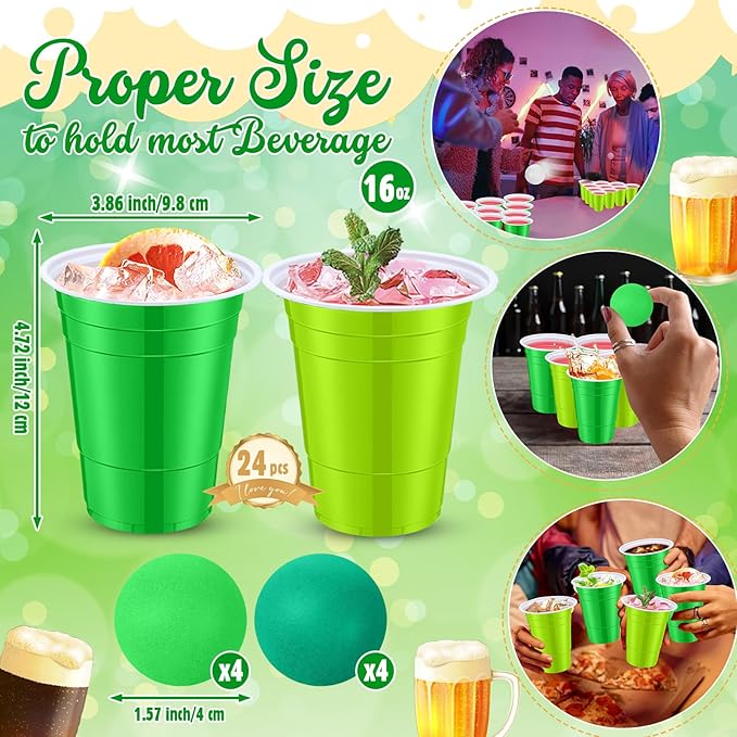 32pcs St. Patricks Day Party Games for Adult Include 24 Pcs 16oz Green Plastic Cups with 8 Balls, Shamrocks Irish Festival Party Decor, Juice Beverage, Outdoor Toss Game Favor Supplies