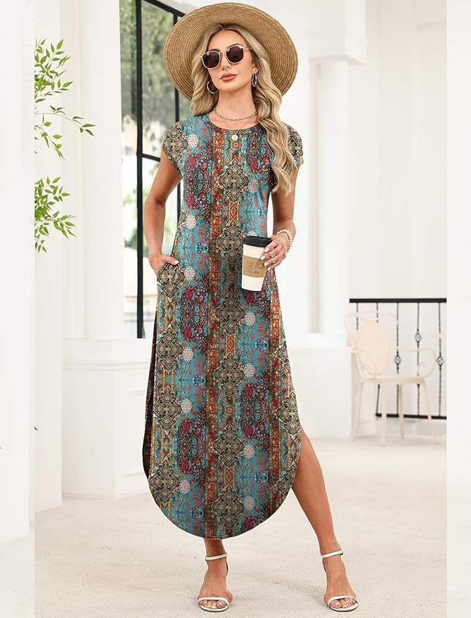 WIHOLL Summer Dresses Cap Sleeve Crewneck Maxi Long Casual Dress with Pockets Beach Vacation Sundresses 2026 Trendy