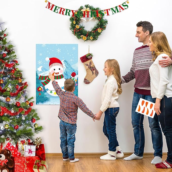 AUGSUN Pin The Nose On The Snowman, Christmas Snowman Games Large Snowman Poster with Carrot Nose and Blindfold Christmas Activities for Families Adult Kids Xmas Gifts Winter Holiday Party Supplies