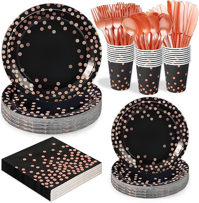 175 Pcs Black and Rose Gold Party Supplies, Disposable Party Dinnerware Gold Plastic Forks Knives Spoons Black Rose Golden Dot Plates Cups Napkins for Birthday Wedding Serves 25