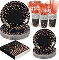 175 Pcs Black and Rose Gold Party Supplies, Disposable Party Dinnerware Gold Plastic Forks Knives Spoons Black Rose Golden Dot Plates Cups Napkins for Birthday Wedding Serves 25