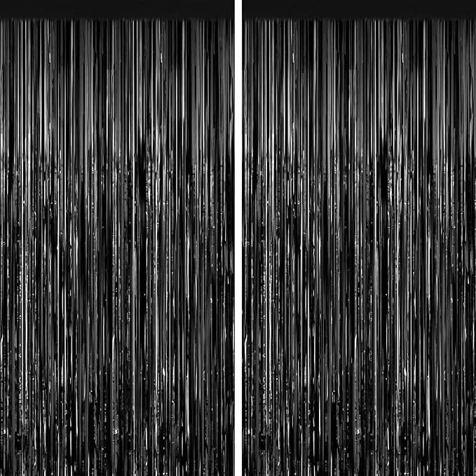 2 Pack Black Foil Fringe Curtains, 3.3ft x 6.6ft Streamer Foil Curtain, Tinsel Backdrop for Birthday Party, Christmas Decor, Wedding Engagement Baby Shower Bachelorette Party Decorations