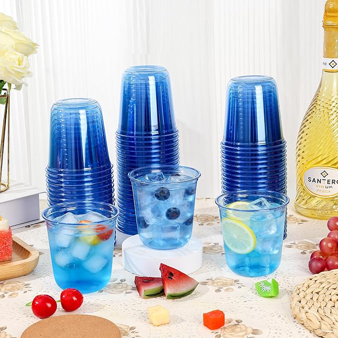 KesaPlan 50 Pcs Blue Plastic Cups, 12oz Disposable Stemless Wine Glasses for Cocktail Clear Wine Cups Cocktail Glasses Blue Party Cup for Wedding Birthday Meeting Christmas Party