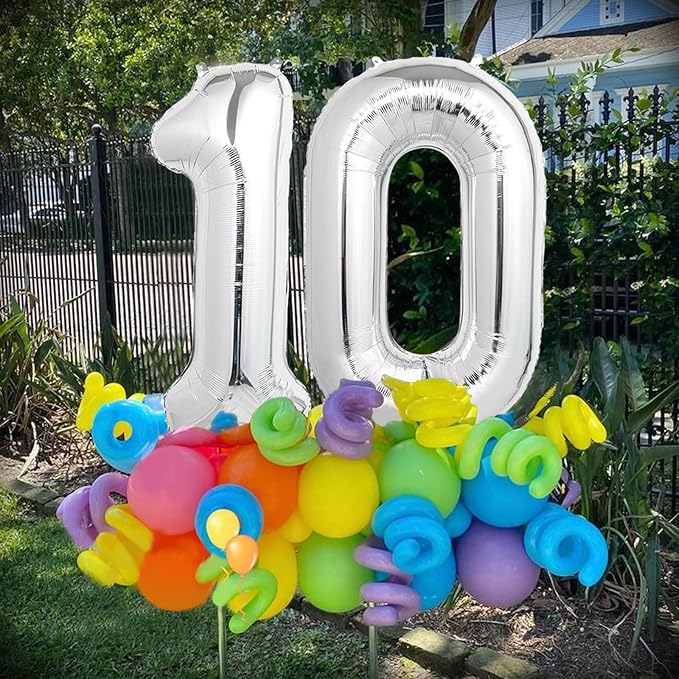 Number Balloons Silver Party Balloon - Giant Number 10 Balloon, 40 Inch Large Balloon for 10th Birthday Decorations, Silver Party Supplies for Anniversary