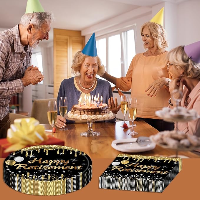 40PCS Retirement Party Plates Napkins Set, Black and Gold Happy Retirement Cake Plates Dinnerware 20 Guests Disposable Party Supplies Decoration for Women Men