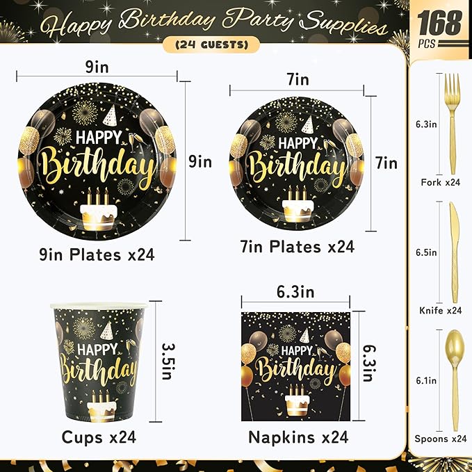 Black and Gold Happy Birthday Party Plates Set, 168PCS Balloons Cake Fireworks Paper Plates Napkins Cups and Gold Cutlery Set, 24 Set Disposable Tableware Set for Birthday Party Decorations
