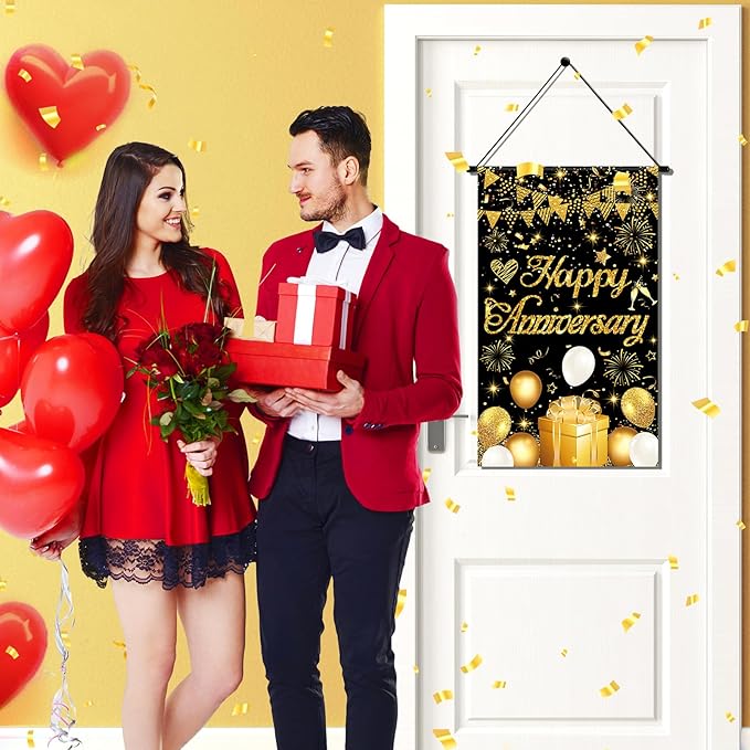 Anniversary Party Decorations Black Gold Happy Anniversary Door Banner Sign Small Wedding Anniversary Door Hanging Banner Porch Front Door Decor for Men Women Anniversary Cruise Door Sign Supplies