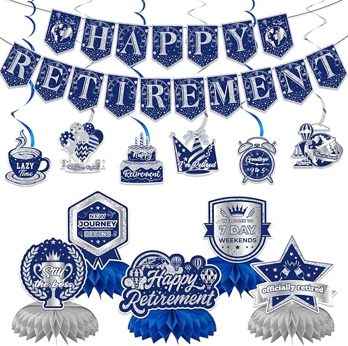 12Pcs Retirement Party Decorations for Men Women Blue Silver Happy Retirement Banner Honeycomb Centerpiece Swirls Party Supplies Retired Farewell Party Set Work Graduation Party Decorations