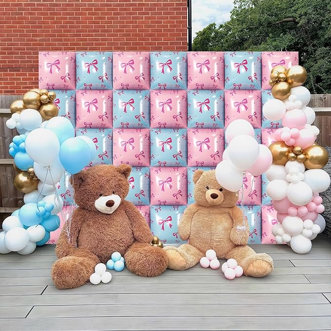 Pink and Blue Foil Balloon Wall Square, 19 Inch 25PCS Bow Print Double Sided Baby Blue Pastel Pink Balloon Backdrop Tunnel Arch Kit for Baby Shower Gender Reveal Birthday Bridal Party Decor