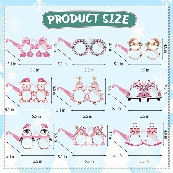 12PCS Christmas Glasses, Pink Christmas Party Paper Glasses Photo Booth Props Holiday Eyeglasses Frames for Xmas Party Supplies Decorations