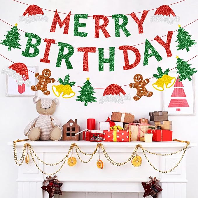 Zwiebeco Merry Christmas Birthday Party Decorations Red Green Banner Hanging Paper Tree Gingerbread Man Bells Hat Sign for Xmas Wall Home Garden Outdoor Accessories Supplies