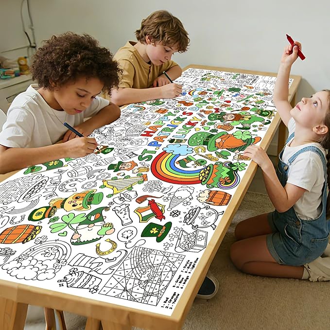 St. Patrick's Day Coloring Poster, 32 x 71 Inch Versatile Paper Coloring Tablecloth, St Pattys Day Crafts, Party Decorations