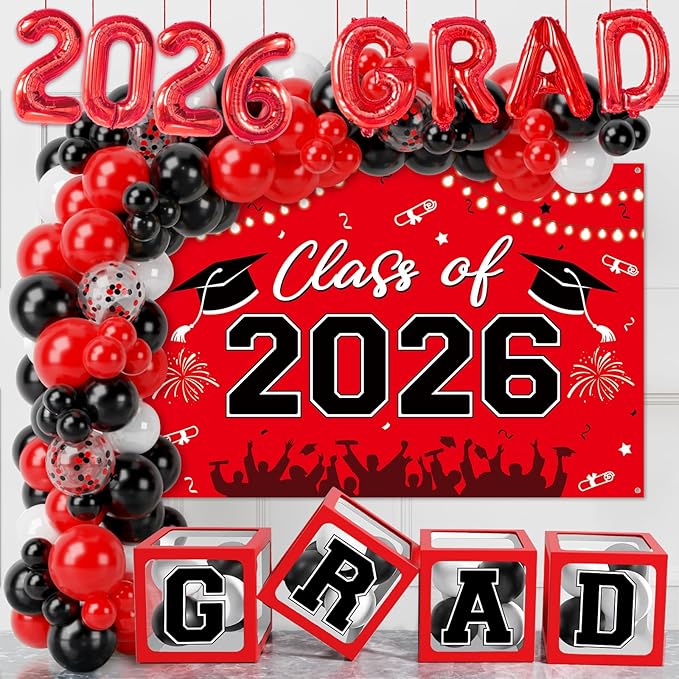 Graduation Decorations Class of 2026-123pcs Red Black Graduation Party Decorations include Balloon Boxes with Letters, Balloon Arch Kit and Backdrop for 2026 Grad Party Supplies