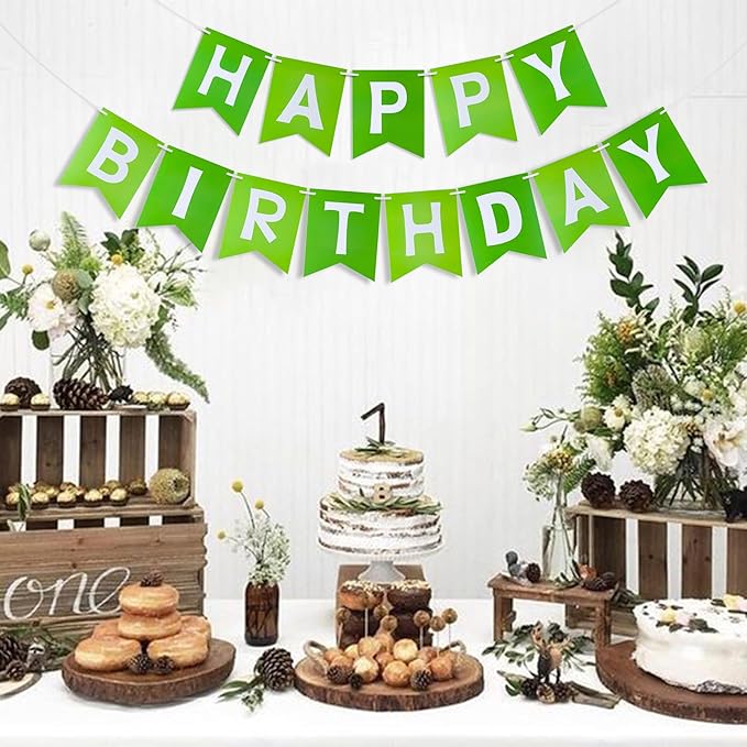 Green Happy Birthday Banner - Hanging Backdrop Sign with White Letters, Happy Birthday Sign Bunting Decorations for Women men Kids Baby Shower Party Supplies (13pcs)