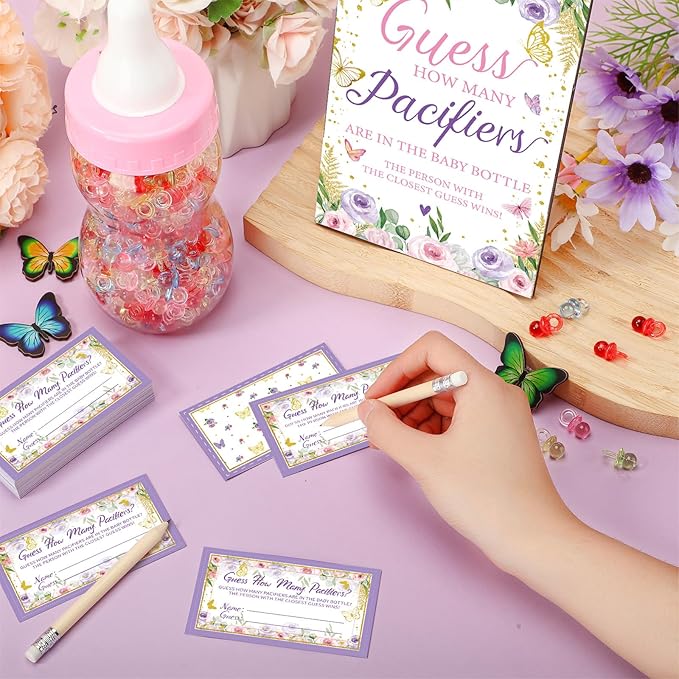 Syhood Butterfly Baby Shower Games Guess How Many Pacifiers Game Sign 50 Small Guessing Games 20 HB Pencils 750 ml Milk Bottle 400 Acrylic Pacifiers Decorations Guests Gender Reveal Party Favors
