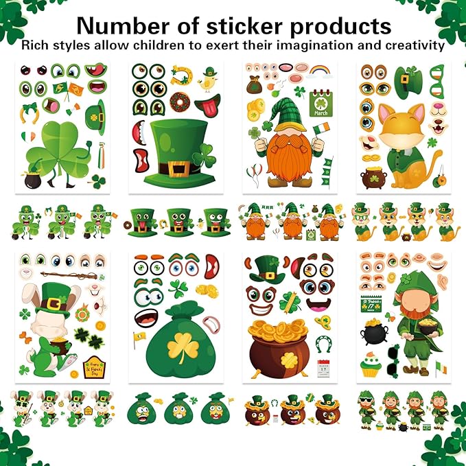 24 Sheets St. Patrick's Day Stickers, Make a Face Sticker for Kids Make Your Own Lucky Shamrock Irish Stickers St. Patricks Day Craft Party Favor Decorations