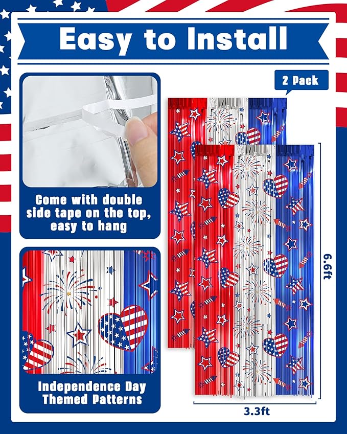 4th of July Decorations Foil Fringe Curtains for Memorial Day, 2 Pack Fourth of July Decor Party Backdrop Red White and Blue Tinsel Streamer, Patriotic Decorations for Independence Labor Veterans Day