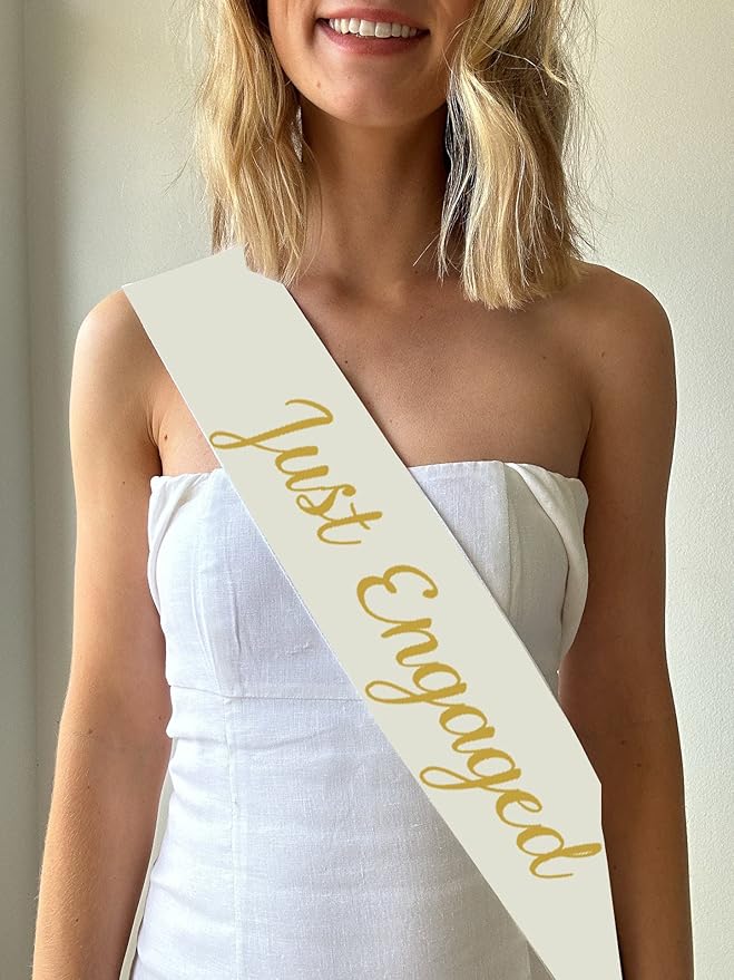 Vrogadso Just Engaged Sash with Gold Glitter Letters
