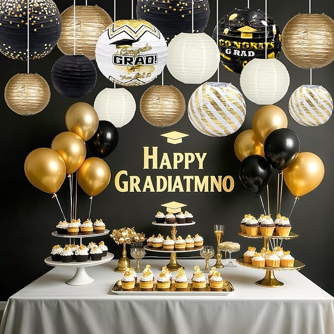 ADLKGG Graduation Paper Lanterns Party Decorations, Black and Gold Hanging Paper Lanterns for Class of 2025 Decorations, Congratulation Graduation Party Supplies, School, Home, Car Grad Decor, 16PCSs