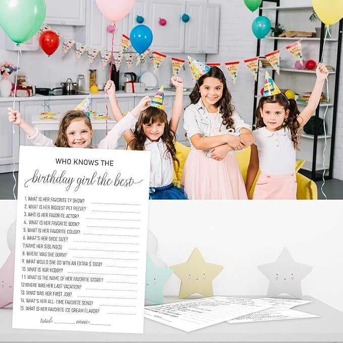 2 Sides Printed Birthday Party Game, Who Knows The Birthday Girl Best Game-Set of 30, How Well Do You Know the Birthday Girl, Bday Questionnaire Party Ideas-WKBG04