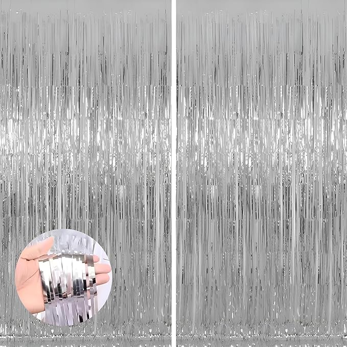 Valentines Day 2 Pack 3.3 * 8.3 ft Foil Curtain Metallic Tinsel Fringe Curtains Photo Booth Props Backdrop for Birthday Wedding Engagement Baby Shower Christmas Holiday Celebration Partyl,Silvery