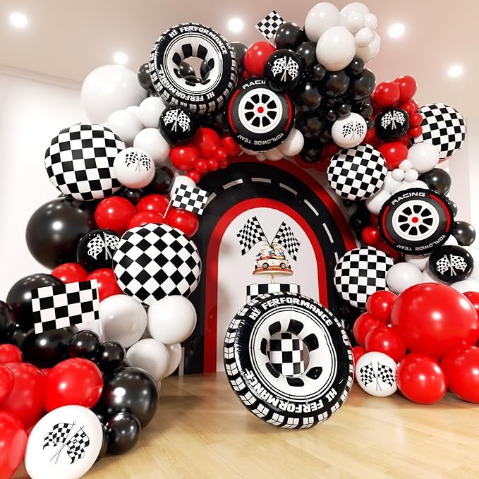 Race Car Balloon Arch Kit -153Pcs Different Size Balloons and Tire Flags Checkered Black Red White Balloon Garland Kit for Racing Car Two Fast 2nd Theme Birthday Anniversary Party Decorations