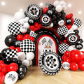 Race Car Balloon Arch Kit -153Pcs Different Size Balloons and Tire Flags Checkered Black Red White Balloon Garland Kit for Racing Car Two Fast 2nd Theme Birthday Anniversary Party Decorations
