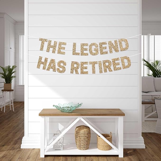 Pre-Strung The Legend Has Retired Banner - No DIY - Gold Glitter Happy Retirement Banner - Pre-Strung on 8 ft Strand - Happy Retirement Party Decorations for Men & Women. Did We Mention No DIY