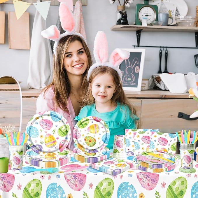 Easter Party Decorations Tableware,145pcs Easter Plates and Napkins,Cup,Tablecloth,Fork,Knife,Disposable Easter Egg Paper Plates and Napkins for Spring Easter Party Supplies,Sever 24