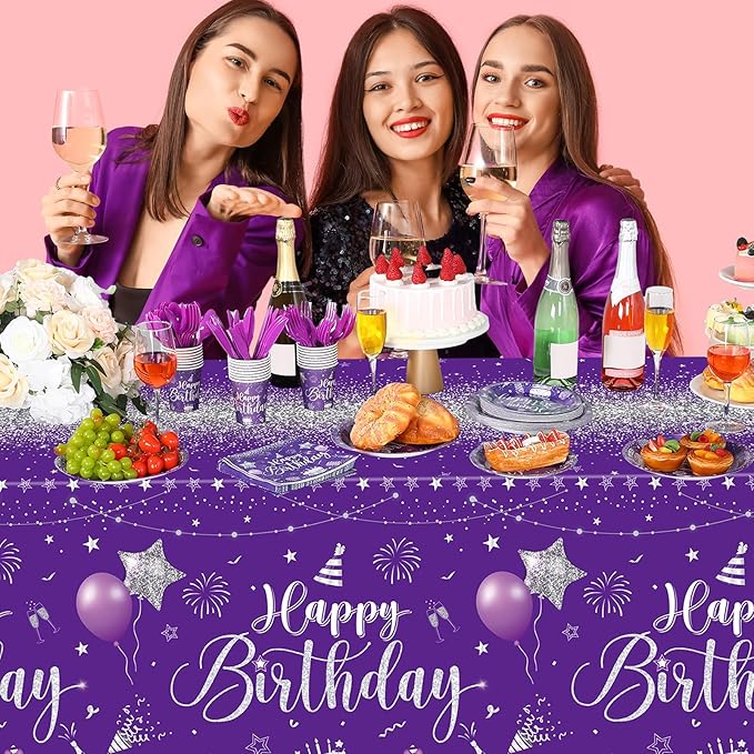Vesici 171 Pcs Happy Birthday Party Supplies 24 Set Disposable Party Tableware include Plates Cups Napkins Cutlery and Banner Tablecloth Birthday Dinner Decorations for Men Woman(Purple, Silver)